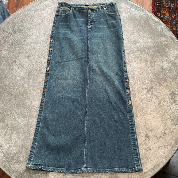 Bisou Bisou Dresses & Skirts - Bisou Bisou Vintage 90s Y2k Long Denim Jean Maxi Skirt Side Button Slit Womens 6